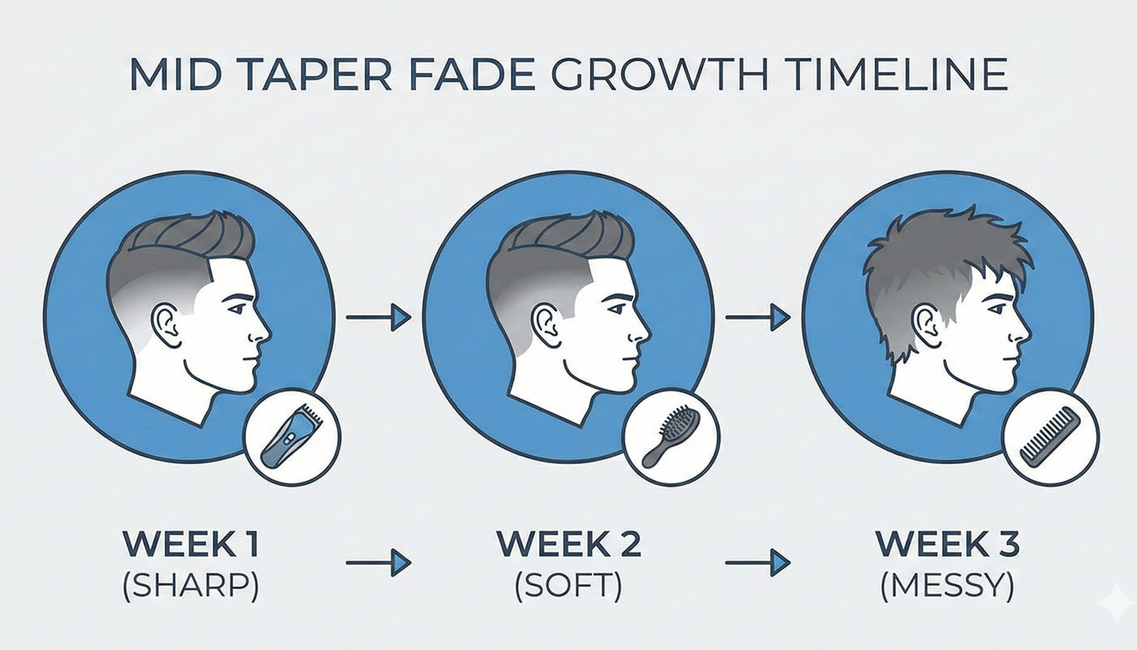 Timeline showing mid taper fade at week 1, week 2, and week 3