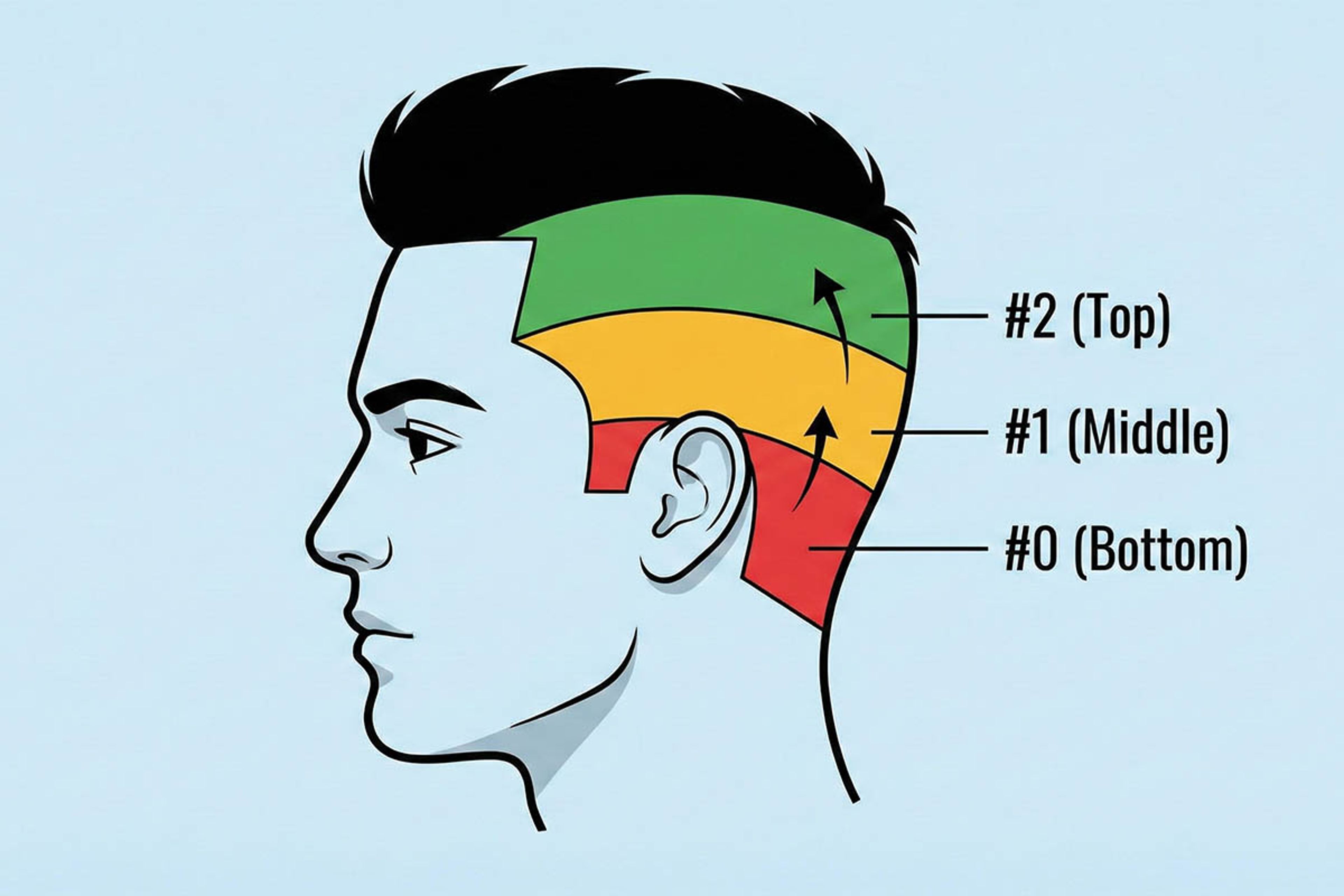 Step by step diagram showing guard zones for mid taper fade