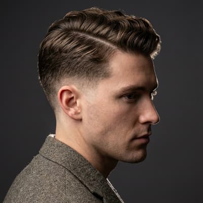 Mid taper fade on wavy hair with side part